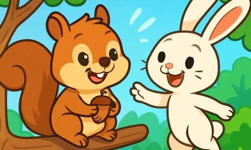 A small squirrel named Sammy, with soft brown fur and a bushy tail, is sitting on a tree branch, his eyes shining with joy and curiosity. He is smiling widely, holding a small hazelnut in his paws. Next to him, a cheerful bunny named Ruby, with white fur and long floppy ears, is hopping with excitement, her eyes sparkling. She is reaching out a paw to Sammy, inviting him to play. In the background, a colorful forest stretches out, with trees featuring bright green leaves, multicolored flowers, and a clear blue sky dotted with fluffy clouds. The scene depicts Sammy and Ruby laughing together, ready to play a game of tag, illustrating the magic of friendship in an enchanting setting.