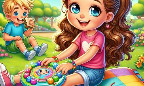 An 8-year-old girl, Mia, with big sparkling eyes and curly brown hair, is sitting on a colorful blanket in the park, smiling enthusiastically as she shows her activity balance board to her friends. She is wearing a pink t-shirt and denim shorts, and her face radiates joy. Next to her, Jake, an 8-year-old boy with red glasses and messy blonde hair, is laughing while holding a sandwich. He is wearing a blue t-shirt and green shorts, sitting cross-legged and attentively looking at Mia's board. Lily, another 8-year-old girl with long smooth hair tied in two pigtails, is standing behind Mia, holding a book in her hands, fascinated by the screen-free activities Mia has listed. She is wearing a colorful floral dress and has a curious smile. The park is green and sunny, with majestic trees, bright colorful flowers, and a clear blue sky dotted with fluffy white clouds. The laughter of children fills the air, and a large colorful kite rises in the sky. The main scene shows Mia and her friends sharing ideas about balancing screen time and playing together outdoors, surrounded by the beauty of nature and friendship.