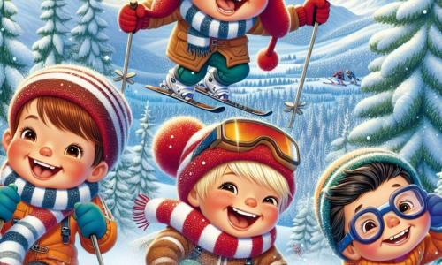 In een magisch winterlandschap staan vier jongens van zeven jaar samen. Tim, een jongen met bruin haar, draagt een grote warme rode muts en een gestreepte sjaal. Hij lacht terwijl hij op zijn ski's glijdt. Naast hem maakt Lars, met blond haar en blauwe handschoenen, een gek gezicht terwijl hij zich voorbereidt om de helling af te gaan. Joris, een jongen met kastanjebruin haar en een bril, valt in de sneeuw met zijn armen wijd open en een grote glimlach op zijn gezicht. Ten slotte helpt Finn, een jongen met zwart haar en een geconcentreerde uitdrukking, Joris om op te staan terwijl hij zijn eigen ski's vasthoudt. De achtergrond is een besneeuwde heuvel bedekt met een dikke laag glinsterende sneeuw onder de winterzon. In de verte staan majestueuze dennenbomen vol sneeuw en de lucht is helderblauw. Sneeuwvlokken vallen zachtjes, wat een vleugje magie aan de scène toevoegt. De jongens bereiden zich voor op een skirace, elk met een grote glimlach en een overvloed aan energie, klaar om de sneeuw in te duiken, wat een vrolijke en avontuurlijke sfeer creëert.