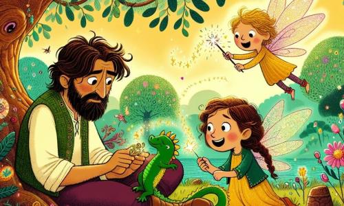Walter, a man in his forties with slightly tousled brown hair and a soft beard, sits under a large oak with lush leaves. He has a look of wonder on his face, holding a small sparkling key in his hand, while curiously looking at a small dragon with green scales and sad, bright eyes sitting at his feet. Lila, a joyful fairy about 10 years old with long golden hair and shimmering wings, flies around them, beaming. She waves her magic wand, creating glowing sparks that dance in the air. The setting is an enchanted world filled with colorful flowers swaying in the wind, chocolate rivers winding through candy hills, and trees with golden trunks whispering sweet melodies. The main scene shows Walter comforting the small dragon in awe, while Lila watches them encouragingly, ready to help them overcome the villagers' fear.