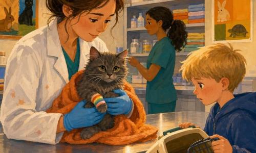 A calm, attentive female veterinarian with soft features and messy chestnut bun, wearing a slightly stained white coat and blue gloves, gently holds a small grey cat wrapped in a warm towel; the cat, Sir Whiskers, fluffy with smoke-gray fur, white whiskers and a front paw bandaged with a small rainbow-striped plaster, looks half-closed, wary but reassured. Beside them a worried yet attentive blond boy of about eight holds the open carrier near a shiny stainless exam table in a bright clinic with cream tiled floor, shelves of jars and folded blankets, and colorful "ANIMAL HEALTH" posters on the wall; a round lamp casts warm light. The scene emphasizes the veterinarian’s slow, precise, comforting care, rendered in gouache with visible thick brushstrokes and soft, warm contrasts.