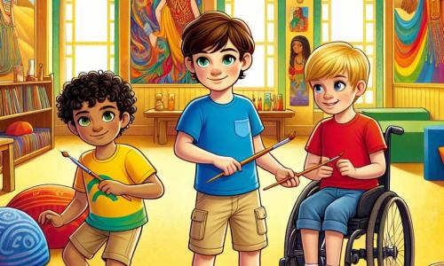 Three eleven-year-old boys stand at the center of a warm, colorful room. Daniel, with brown hair and sparkling eyes, wears a blue t-shirt and beige shorts; he leans slightly forward with an enthusiastic smile, holding a paintbrush in one hand. To his right, Liam, with blonde hair and green eyes, is dressed in a bright yellow t-shirt and jeans, dancing in place with his arms raised, full of energy. On the left, Noah, with chestnut hair and brown eyes, sits in his wheelchair, wearing a red t-shirt and shorts, smiling warmly at his friends while holding a drum.

The location is the Riverton Cultural Center, a bright and welcoming space with walls adorned with beautiful murals depicting scenes from various cultures around the world. Colorful cushions are placed on the floor, and various musical instruments are scattered around the room, creating a festive and inspiring atmosphere.

The main scene shows the three friends creating a collaborative artwork together, blending their styles and colors while listening to stories told by an inspiring artist. They are surrounded by other children, all captivated by the magic of diversity and creativity that unites them.