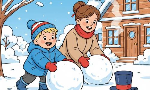 A joyful 2-year-old blond boy in a bright padded blue coat, striped red-and-white hat, mittens and boots is smiling widely with rosy cheeks as he pushes a large snowball with both hands while his calm, smiling mother in a beige coat and red scarf kneels slightly behind him to help roll another ball in a snowy garden before a wooden house with frosted windows; sunlit snow sparkles on branches, cute footprints trail nearby, and they are building a happy snowman—two stacked snowballs, an orange carrot ready for the nose, an old hat lying beside, small child hands pressed to the snow and warm breath visible near the house door.