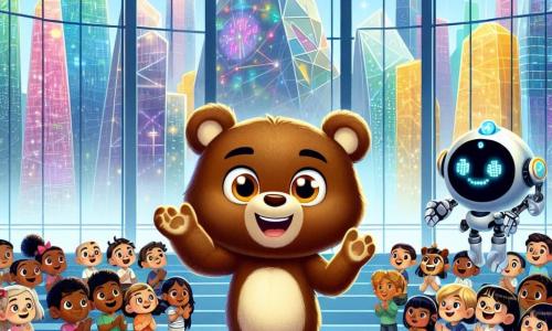 Bruno, um jovem urso de pelúcia com pelos macios e marrons, grandes olhos curiosos e um sorriso radiante, está no centro da cena, com os braços levantados em sinal de vitória, transbordando de excitação e orgulho após apresentar seu projeto inovador. Ao seu lado, Lúcio, um pequeno robô de formas arredondadas e luzes cintilantes, flutua alegremente, exibindo um rosto holográfico sorridente e aplaudindo entusiasticamente, com seus braços mecânicos batendo no ar. Ao fundo, um grupo de crianças de diferentes origens, todas sorridentes e cativadas, com os olhos brilhando de admiração, está perto de uma grande janela que mostra a cidade futurista de Luminópolis, com seus arranha-céus de cristal colorido, jardins verticais luxuriantes e estradas aéreas iluminadas por néons vibrantes. A cena acontece em um auditório moderno, com paredes transparentes, onde a luz do sol filtra, criando uma atmosfera calorosa e acolhedora, enquanto hologramas flutuam ao redor, mostrando ideias e invenções futuristas. Bruno e seus amigos celebram sua apresentação bem-sucedida, cercados por uma atmosfera de entusiasmo e camaradagem, prontos para mudar o mundo com suas ideias brilhantes.