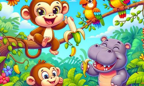 Bongo, der freche Affe, sitzt auf einem hohen Ast eines tropischen Baumes, mit einem breiten schelmischen Lächeln und funkelnden Augen vor Freude. Sein Fell ist hellbraun mit dunkleren Flecken, und er hält eine Banane in einer Hand, während er mit der anderen gestikuliert. Neben ihm sitzt Olga, das große rosa Nilpferd, in einem kleinen Teich und spritzt mit ihren Pfoten Wasser, während sie lacht. Lenny, der bunte Papagei mit grünen und roten Federn, fliegt um sie herum und ruft lustige Wörter, während Fred, das braunhaarige Faultier, an einem Ast hängt, im Schlafanzug, und die Szene mit einem schläfrigen Lächeln betrachtet. Die Umgebung ist ein üppiger Dschungel, gefüllt mit leuchtend grünem Laub, bunten Blumen und herabhängenden Lianen, unter einem hellblauen Himmel mit ein paar flauschigen Wolken. Die Hauptsituation zeigt Bongo, der seinen Freunden einen Wettkampf mit Bananen vorschlägt, während Olga und Lenny Spaß daran haben, sich verrückte Möglichkeiten auszudenken, sie zu stapeln, während Fred, immer ein wenig abseits, von Pfannkuchen träumt.