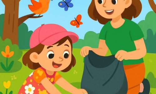 Una niña de 4 años, Clara, con grandes ojos brillantes y una amplia sonrisa, está al borde de un estanque. Lleva un bonito vestido de flores y una gorra rosa, y está recogiendo un trozo de papel flotante en el agua, mostrando una expresión de determinación y alegría. A su lado, su mamá, una mujer de unos treinta años con cabello castaño y una camiseta verde, la anima con una sonrisa orgullosa, sosteniendo una gran bolsa para los desechos. El lugar es una reserva natural exuberante, llena de árboles majestuosos, flores coloridas y un estanque brillante bajo el sol. La escena principal muestra a Clara y su mamá limpiando el estanque, simbolizando su compromiso con la protección de la naturaleza. Clara, llena de energía, se inclina para recoger la basura, mientras su mamá le enseña la importancia de cuidar el medio ambiente.