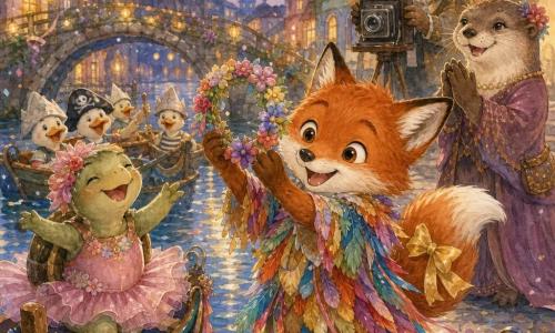Jacinto, un joven zorro rojizo de pelaje brillante y ojos vivaces, está en el centro sonriendo y emocionado, vestido con un traje ecléctico de plumas coloridas, pétalos, lazos y un pequeño moño dorado en la cola, sosteniendo una corona de flores; a la izquierda, Manuela, una tortuga regordeta con tutú rosa, ríe y baila en una barca decorada; en segundo plano, un grupo de patos disfrazados de piratas con cascos de papel y sombreros ladeados rema alegremente en otra barca; la señora Nutria, una nutria elegante, aplaude desde el muelle con las manos juntas y una sonrisa amable; don Ulises, un viejo búho grave pero dulce, está detrás con una cámara vintage en trípode listo para disparar; el escenario son canales estrechos bordeados de casas coloridas y puentes de piedra con faroles amarillos, con confeti y serpentinas en el aire y reflejos brillantes en el agua, y la situación es un gran desfile de carnaval al crepúsculo: el grupo reunido para la foto de fin de fiesta, flash inminente, lluvia de confeti multicolor y ambiente festivo y cálido.