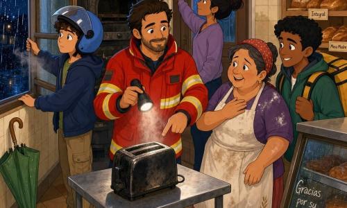 Un hombre llamado Martín, de barba de unos días y expresión tranquila, con chaqueta roja de bombero señala un viejo tostador negro que echa humo mientras ilumina la sala; Hugo, un chico de ~16 años con casco algo grande, abre una ventana para ventilar; Luz, mujer de ~30 años con el pelo recogido, tira de un interruptor junto a la puerta trasera para cortar la electricidad; la señora Rosa, panadera de ~55 años con delantal y un pequeño paraguas verde en la entrada, muestra alivio; Amir, repartidor de ~25 años con mochila, está listo para ayudar junto a la cristalera empañada; todo ocurre de noche en una pequeña panadería cálida de paredes con azulejos crema, estantes de madera con panes, un gran horno de hierro ennegrecido, ventana con gotas de lluvia y migas en el suelo, y una fina humareda gris elevándose del tostador mientras el grupo actúa en equipo para ventilar y cortar la corriente.