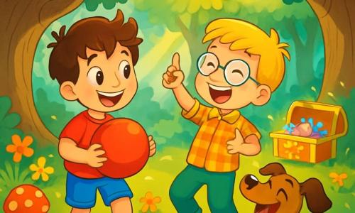 Ci sono 3 personaggi: Marco, un ragazzo di 7 anni con capelli castani disordinati e occhi curiosi, indossa una maglietta rossa e pantaloni blu, tiene in mano una grande palla rossa e sorride. Luca, un ragazzo di 7 anni con capelli biondi e occhiali rotondi, indossa una camicia a quadri e pantaloni verdi, ride accanto a Marco e punta verso il cielo come se avesse avuto un'idea brillante. Poldo, un piccolo cane marrone con grandi orecchie, è seduto sulle zampe posteriori, ride con un'espressione gioiosa, pronto per una nuova avventura. La scena si svolge in una foresta incantata con alberi alti e tronchi nodosi, raggi di sole illuminano il terreno coperto di fiori colorati e funghi danzanti. Marco, Luca e Poldo ridono insieme prima di scoprire un grande scrigno decorato con caramelle scintillanti. L'atmosfera è piena di gioia e magia, pronta a rivelare sorprese dolci.