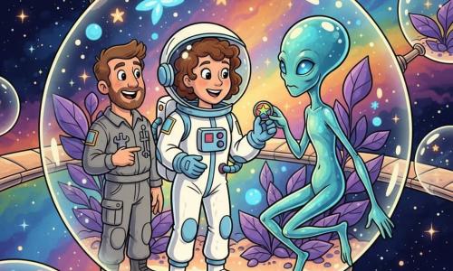 Luna, mujer adulta astronauta sonriente, con traje espacial blanco y detalles azul cielo y cabello corto rizado bajo casco translúcido, extiende la mano para recibir un pequeño distintivo colorido; Max, ingeniero de unos 35 años, de rostro barbado y trato amable, con mono gris y herramientas, está junto a la lanzadera sonriendo y señalando el cielo estrellado; Kai, criatura alienígena esbelta de piel iridiscente azul verdosa y ojos luminosos, ofrece el distintivo desde una plataforma flotante con gestos fluidos; el escenario es un hábitat burbuja gigante en una nebulosa arcoíris con burbujas translúcidas, pasarelas metálicas curvas, plantas violetas luminiscentes y mariposas estelares brillantes; momento central: las manos que se encuentran, intercambios amistosos, luces coloridas centelleantes y atmósfera cálida y mágica; estilo gráfico: trazos gruesos, siluetas tipo rubber hose, colores saturados y contrastados, texturas lisas y reflejos brillantes.