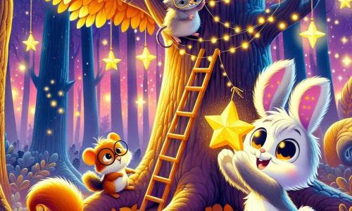 Un pequeño conejo blanco llamado Pepito, con una adorable mancha en forma de estrella en la oreja, salta de alegría bajo un gran árbol. Sus ojos brillan de emoción y su sonrisa es radiante mientras sostiene una estrella brillante en sus pequeñas patas. A su lado, un pequeño ratón, Tino, con gafas redondas y pelaje gris, mira con admiración. Parece decidido, sosteniendo firmemente una escalera de madera. Más arriba en el árbol, una ardiente ardilla, Lola, con una cola esponjosa y ojos chispeantes, trepa rápidamente, lista para colgar la estrella. El lugar es un hermoso bosque encantado, bañado por la luz de la luna, con hojas doradas y sombras danzantes. Estrellas brillantes titilan en el cielo nocturno, añadiendo un toque mágico a la escena. La situación principal muestra a Pepito, Tino y Lola unidos en su alegre misión: colgar una estrella brillante en la cima del árbol, celebrando el espíritu de Halloween con entusiasmo y camaradería.