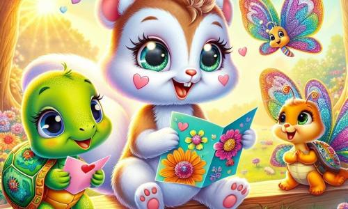 Una adorable ardilla llamada Lía, con un pelaje suave como el algodón y grandes ojos brillantes de alegría, está en el centro de la imagen, sosteniendo una carta colorida en sus pequeñas patas, con una amplia sonrisa iluminando su rostro. A su derecha, una tortuga llamada Tula, con un caparazón verde adornado con motivos florales, lee una carta con ojos desorbitados de sorpresa y felicidad, sentada en un banco de madera. A la izquierda, una elegante mariposa llamada Bella, con alas multicolores brillantes, vuela alegremente, sosteniendo un ramo de flores vibrantes, su rostro radiante de emoción. El decorado es un parque soleado, lleno de flores vibrantes de todos los colores, con majestuosos árboles cuyas hojas bailan al viento. Al fondo, rayos de sol filtran a través de las ramas, creando una atmósfera cálida y festiva. La escena representa el momento mágico en que Lía, la mensajera del corazón, reúne a sus amigos para celebrar el Día de San Valentín, llenando el aire de risas y felicidad.