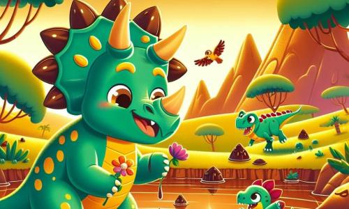 Un triceratops llamado Tino, con piel verde brillante y manchas amarillas, se encuentra alegremente al borde de un lago de chocolate, su expresión llena de asombro y felicidad. Sus majestuosos cuernos brillan bajo el sol, mientras sumerge una pata en el chocolate, listo para probar este delicioso descubrimiento. A su lado, Susi, un estegosaurio con espinas dorsales brillantes, sonríe sosteniendo una flor colorida, y Rayo, un velocirraptor ágil con plumas rojas, salta de alegría, sus ojos chispeantes de emoción. El paisaje es un verdadero paraíso: un lago de chocolate brillante, rodeado de árboles con frutas de gelatina, y montañas de pasteles al fondo, todo bañado en una luz dorada del sol poniente. La escena muestra a Tino y sus amigos disfrutando de su aventura en este mundo mágico, llenos de risas y dulzura.