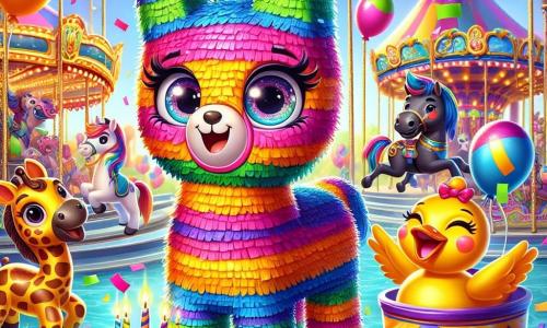 Kuleczka, mała, okrągła i kolorowa piñata z błyszczącymi oczami i dużym uśmiechem, skacze z radości w centrum obrazu, otoczona fruwającymi konfetti. Po jej prawej stronie balon w kształcie żyrafy z długą szyją i kolorowymi plamami szeroko się uśmiecha, trzymając mały tort urodzinowy z świeczkami. Po lewej stronie wesoły koń karuzeli z tęczową grzywą stoi na tylnych nogach, radośnie śpiewając, podczas gdy mała plastikowa kaczka z pomarańczowym dziobem i żółtymi piórami pluska wodę, śmiejąc się przy błyszczącej fontannie. Miejsce to tętniący życiem park rozrywki, pełen jaskrawych kolorów, z atrakcjami w tle, unoszącymi się balonami i kwiatami, które dodają festiwalowej atmosfery. Główna scena przedstawia Kuleczkę otoczoną przyjaciółmi, świętującą swoje urodziny, z wybuchami śmiechu i uśmiechami, gdy zamierza zdmuchnąć świeczki na torcie, tworząc magiczny i radosny moment.