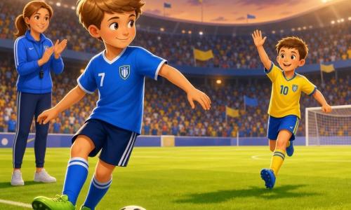 A confident 9-year-old boy in bright green boots and a blue jersey gently holds a black-and-white soccer ball at his feet, ready to pass to a similarly aged friend with short brown hair in a yellow jersey running to the right; a female coach with tied-back hair applauds from the sideline as warm floodlights illuminate the well-mown green pitch with crisp white lines and blurred stands, capturing the key moment of an evening fair-play team pass with saturated colors, soft shadows, and rounded forms.