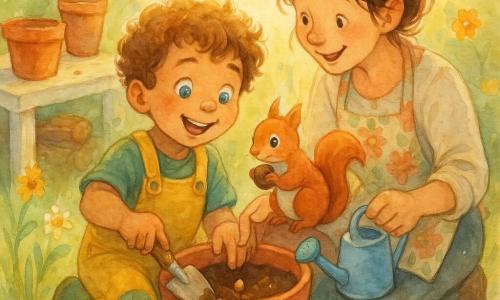 A joyful, wide-eyed 6-year-old boy with curly light brown hair and blue eyes, wearing yellow overalls with green knee patches, holds a wooden trowel and plants a seed in a red clay pot; his smiling, caring mother, about 32, with brown hair in a messy bun and a floral apron, kneels beside him, guiding his hand and holding a small blue watering can; a curious red squirrel perches on the pot rim with a hazelnut; the sunny garden corner has terracotta pots, logs, tall grasses and colorful flowers in warm golden light and soft shadows, capturing a tender parent-child moment with dirt-covered hands and shared smiles.