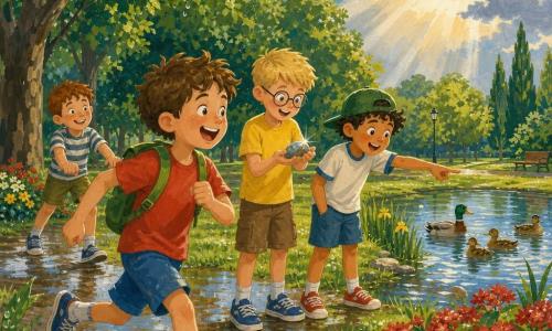 Four 10-year-old boys in a bright post‑rain park: a brown-haired boy in a red T-shirt and blue shorts laughs running right with a small green backpack (foreground left); a blond boy with short hair, round glasses and a yellow T-shirt holds a shiny stone like a treasure (center, slightly back); a tan-skinned boy with curly black hair and a green cap worn backwards points at ducks in a small pond (right of the blond boy); a chestnut-haired, freckled boy in a striped T-shirt smiles while pretending to push a wheelbarrow (background left near the trees). The scene shows wet green grass, reflective puddles, a pond with ducks, dense textured trees, yellow and red flowerbeds, and a partly cloudy sky with sunrays; joyful, dynamic atmosphere in vivid gouache-like colors with visible brushstrokes, glistening droplets on leaves, and expressions of wonder and camaraderie.
