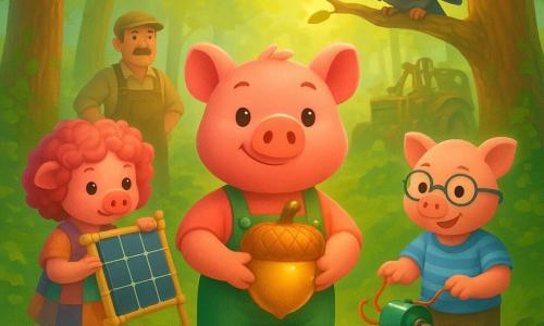The main character, one of the Three Little Pigs (boy), stands at the center of a sunny forest clearing, proudly holding a large shiny golden acorn; he has textured pink fur and a green overall. To his left, the second pig (girl) is creative and focused with curly pink hair and a recycled patchwork dress, hand-assembling bamboo solar panels; to his right, the third pig (boy) is ingenious and cheerful with round glasses and a blue striped tee, connecting a small eco motor. Ozzy the owl (gender-neutral) perches above on a low branch, wise and benevolent with iridescent gray feathers and outstretched wings; Sammy the squirrel (male), small and mischievous with red fur, offers the golden acorn from a nearby root. Farmer Brown (around 50) stands in the background in a dirty cap and overalls, hands on hips, relieved and admiring. The clearing has green moss, exposed roots, ancient textured trunks, golden sunlight through foliage, and abandoned construction machines covered in ivy; the three pigs protect the golden acorn and repair the forest in a dynamic, hopeful scene with vivid colors, warm light, and clear textures.