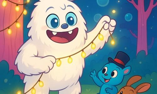 An adorable, fluffy yeti with snow-white fur and large sparkling blue eyes stands at the center of the scene. He smiles widely, showing his big teeth, while pulling on a sparkling garland that hangs from a tree. Next to him, a small blue squirrel wearing a top hat, with mischievous eyes, encourages him by raising a paw. A playful marmot with brown fur and big ears joyfully jumps around them, holding a small garland in its paws. The setting is a magical forest called Bubblewood, where tree trunks are candy pink and bubbles float in the air, creating a fairy-tale atmosphere. Twinkling lights illuminate the landscape, adding a touch of magic to the scene. The main situation shows the yeti and his friends working together to decorate the garland, with expressions of joy and excitement on their faces, ready to celebrate the Festival of Lights.