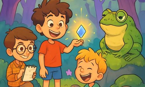 There are three characters: Oliver, a 9-year-old boy with curly, tousled hair, wearing a red t-shirt and blue shorts. He stands in the center, holding a small shiny stone in his hand, with a big smile on his face. Jasper, a 9-year-old boy with round glasses and brown hair, dressed in a plaid shirt and beige pants, is slightly behind, drawing the scene in a notebook with a pencil. Max, the smallest of the group, is a 9-year-old boy with messy blonde hair and a green t-shirt. He is kneeling, laughing and holding a small pile of shiny coins he found under a rock. The setting is the Forest of Oddities, where the trees are a bright purple and the flowers softly sing. Round, colorful bushes surround a sunny clearing, and a wise, large toad with a monocle sits on a moss-covered rock, watching the children with a mischievous smile. The main scene shows the three friends discovering the shiny stone floating before them, illuminating the clearing with bright colors, while the toad looks at them with curiosity, ready to pose a riddle.