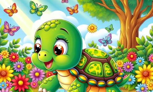 Een kleine schildpad genaamd Tilly, met een groene schaal versierd met gele patronen, beweegt vastberaden door een kleurrijke tuin. Haar heldere ogen tonen haar nieuwsgierigheid en enthousiasme. Ze heeft een lichte glimlach op haar gezicht, vol vreugde over haar avontuur. Dichtbij fladderen kleurrijke vlinders om haar heen, wat een vleugje magie aan de scène toevoegt. Ze dansen vrolijk in de lucht, wat een speelse sfeer creëert. De tuin is gevuld met stralende bloemen, rood, geel en blauw, met zonnestralen die het landschap verlichten. Achterin staat een grote majestueuze boom met groene bladeren, die schaduw en een gevoel van veiligheid biedt. De hoofdscène toont Tilly, de schildpad, die een klein pad van bladeren bouwt om een glinsterende plas water over te steken. Ze is geconcentreerd en vastberaden, klaar om dit obstakel met vindingrijkheid te overwinnen.