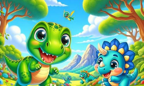 Ein Tyrannosaurus Rex namens Timmy, mit glänzend grüner Haut und großen, ausdrucksvollen Augen, steht fröhlich in einer sonnigen Lichtung und lächelt breit. Neben ihm springt Lilli, ein kleiner Triceratops mit blauen Schuppen und adorablen Hörnern, vor Freude, ihre Augen funkeln vor Glück. Die Lichtung ist von großen Bäumen mit dicken Stämmen umgeben, deren üppige grüne Blätter im Wind tanzen, und bunten Blumen, die der Umgebung einen Hauch von Magie verleihen. Im Hintergrund sind majestätische Berge unter einem strahlend blauen Himmel mit einigen fluffigen weißen Wolken zu sehen. Timmy und Lilli spielen zusammen, rennen und lachen, während Timmy Lilli einen schönen, glänzenden roten Stein zeigt, den er gefunden hat. Die Atmosphäre ist fröhlich und freundlich, erfüllt von lebhaften Farben und einem Gefühl des geteilten Glücks.