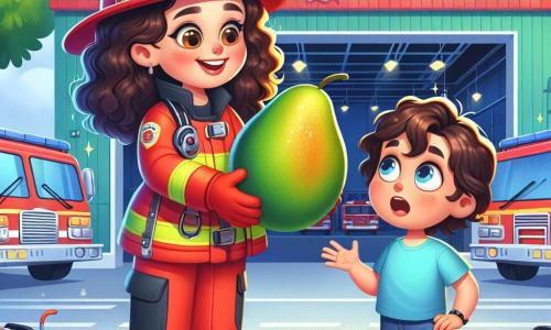 Uma mulher bombeira, Valentina, está orgulhosamente no centro da cena, com um grande sorriso e cabelos cacheados, vestindo um macacão vermelho vivo e um capacete brilhante. Ela está mostrando uma grande manga para um garoto, Lucas, que tem cerca de 8 anos, com olhos arregalados e uma expressão de admiração, vestido com uma camiseta azul e um short. Lucas está ao lado dela, com as mãos na cintura, olhando com admiração para a manga. A cena acontece em frente a uma estação de bombeiros colorida, com caminhões vermelhos reluzentes e ferramentas de socorro penduradas nas paredes. Ao fundo, vêem-se árvores verdes e um céu azul claro, criando uma atmosfera alegre e acolhedora. Valentina está explicando a Lucas como usar a manga, ilustrando a importância do trabalho em equipe e da segurança. Ambos estão cercados por um clima de excitação e aprendizado, simbolizando coragem e amizade.