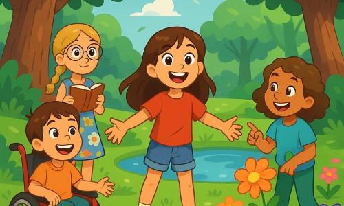 There are 4 children: Mia, a 10-year-old girl with long brown hair and sparkling eyes, wearing a red t-shirt and denim shorts, standing in the center with arms outstretched, ready to explore; Lily, a 9-year-old girl with braided blonde hair and round glasses, wearing a colorful floral dress, slightly behind, holding a sketchbook and observing her surroundings with curiosity; Emma, a 10-year-old girl with curly brown hair and a bright smile, wearing a blue t-shirt and green pants, to the right, pointing at a shiny flower; and Zoey, a 9-year-old girl with short hair and bright eyes, in a red wheelchair on the left, smiling widely and looking at the others with enthusiasm. The setting is an enchanted clearing in the heart of the Whispering Woods, surrounded by majestic trees with thick trunks and shimmering green leaves. Colorful flowers with sparkling petals cover the ground, and a small pond in the center reflects the blue sky, creating a magical atmosphere. The main scene shows the four friends discovering a hidden treasure in the clearing, filled with joy and excitement on their faces as a gentle breeze makes the leaves dance around them.