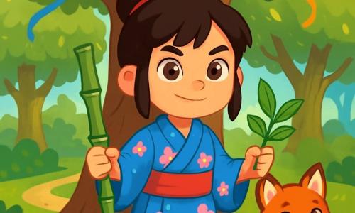Yumi, dziesięcioletnia dziewczynka, nosi niebieskie kimono ozdobione wzorami kwiatów wiśni. Jej twarz wyraża odwagę, z błyszczącymi oczami i pewnym uśmiechem. W jednej ręce trzyma bambus, a w drugiej liście herbaty, stojąc pod wielkim majestatycznym drzewem. Obok niej mały lis z figlarnymi oczami i lśniącym rudym futrem uważnie obserwuje scenę, gotowy towarzyszyć jej w przygodzie. W tle gęsty las z dużymi, skręconymi drzewami, których liście błyszczą w słońcu, podczas gdy kolorowe wstążki delikatnie powiewają na wietrze. Yumi stoi na rozwidleniu ścieżek, zastanawiając się, którą drogę wybrać, aby odkryć tajemnicę cichej rzeki.