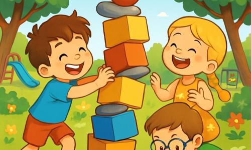 Um menino de 6 anos, com cabelos castanhos bagunçados e um grande sorriso alegre, está empurrando uma torre colorida feita de caixas de papelão e pedras. Ele usa uma camiseta azul vibrante e um short vermelho, e seus olhos brilham de excitação. Ao lado dele, uma menina de 6 anos, com cabelos loiros trançados e um vestido florido, ri alto enquanto segura uma maçã vermelha que acabou de colocar na torre. Outro menino de 6 anos, com óculos e uma camiseta verde, está procurando pedras no chão, concentrado em sua tarefa. O cenário é um parque ensolarado, cheio de árvores verdes com folhas brilhantes, flores coloridas e um gramado bem cuidado. Ao fundo, vê-se um escorregador e crianças brincando em balanços. A cena principal mostra os amigos construindo uma torre gigante, rindo e se divertindo, enquanto a torre balança levemente, prestes a desabar, criando um momento de suspense divertido.