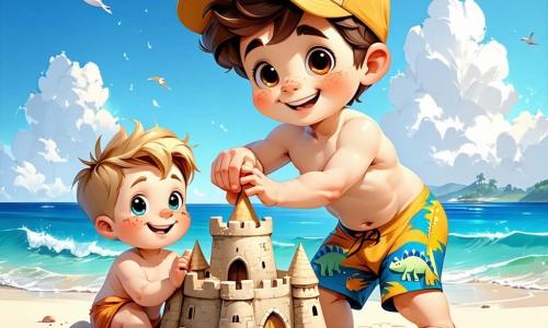 Un băiat de 10 ani, Alex, cu părul castaniu și buclat, zâmbind cu ochii strălucitori de entuziasm, construiește un castel de nisip pe plajă. Poartă un costum de baie cu motive de dinozauri și o șapcă galbenă. Lângă el, fratele său mai mic, Andrei, în vârstă de 6 ani, cu părul blond și pistrui, observă atent o mică scoică pe care o ține în mâini. În fundal, plaja este luminată de un soare strălucitor, cu valuri blânde care se sparg de țărm. Umbrele colorate și familii vesele se relaxează pe nisipul auriu. Marea strălucește sub soare, creând un peisaj idilic de vacanță. Scena îi arată pe Alex și Andrei, absorbiți în jocul lor, înconjurați de râsete și bucurie, în timp ce își imaginează aventuri fantastice în castelul de nisip.