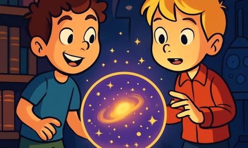 Er zijn 2 hoofdpersonages: - Tim: een 10-jarig jongen met bruin, krullend haar, gekleed in een blauwe t-shirt en een groene short. Hij heeft een ondeugende glimlach en staat links, vol verwondering naar een grote, lichtgevende bol te kijken. - Lucas: een 10-jarig jongen met blond, steil haar, gekleed in een rode shirt en zwarte broek. Hij heeft nieuwsgierige ogen en staat rechts, met zijn hand naar de bol reikend, gefascineerd door de glans ervan. De situatie speelt zich af in een donkere kamer, vol oude boeken en mysterieuze apparaten. In het midden pulst een grote, lichtgevende bol met paarse en gouden kleuren, die dansende schaduwen op de muren werpt. Houten planken zijn vol met leren gebonden boeken, en vreemde machines maken zachte, melodieuze geluiden. De hoofdactie van het verhaal toont Tim en Lucas die de magische bol ontdekken die een sterrenkaart van het universum projecteert, hun gezichten verlichtend met verwondering. Ze staan op het punt een nieuw avontuur te beginnen, omgeven door een sfeer van mysterie en magie.