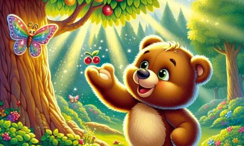 A large teddy bear named Benny, with soft brown fur, joyfully smiles as he stands in front of a majestic tree, his eyes sparkling with excitement. He is reaching out to pick a bright, colorful berry. Beside him, a small shimmering butterfly with multicolored wings flutters around, displaying an enthusiastic and curious expression, ready to assist him in his adventure. The setting is a lush forest filled with vibrant leaves and colorful flowers, with sunlight filtering through the foliage, creating a magical atmosphere. The scene depicts Benny discovering the Mysterious Tree of Magical Berries, surrounded by light and vivid colors, illustrating the joy and wonder of adventure.