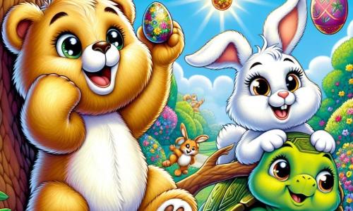 In the center of the image, a teddy bear named Benny, with golden fur and sparkling joyful eyes, is climbing a tree branch to hang colorful eggs. He has a big smile, his paws stretched towards the sky, full of enthusiasm. Nearby, a little bunny named Bella, with white fur and long upright ears, is hiding a shiny egg behind a bush of colorful flowers. She looks mischievous and joyful, her eyes sparkling with excitement. A little further away, a wise turtle named Tilly, with a green shell and round glasses, observes the scene with a benevolent smile, holding a scroll of paper with clues for the egg hunt. She seems proud of her friends, encouraging them to continue their adventure. The setting is an enchanted forest, filled with vibrant flowers, majestic trees, and a clear blue sky, where the sun shines gently, creating a joyful and festive atmosphere. The main scene shows Benny, Bella, and Tilly preparing for the big Easter egg hunt, filled with excitement and camaraderie, ready to share an unforgettable moment.
