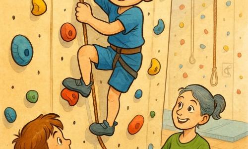 Un ragazzo di 8 anni, capelli castani corti, occhi grandi e brillanti, volto rotondo e sorridente, in tenuta sportiva blu, sta scalando il muro; è concentrato e gioioso, una mano su una presa rossa e l'altra verso una presa gialla. Una donna di circa 35 anni, capelli corti grigio-blu raccolti, in tenuta da istruttrice verde, trattiene la corda a terra facendo sicura e lo guarda con un sorriso rassicurante. Un altro ragazzo di circa 8 anni, capelli castano, maglietta rossa, è ai piedi del muro e lo incoraggia con il pugno alzato e la bocca aperta. Palestra d’arrampicata interna, muro alto con prese colorate, tappeti spessi, corde pendenti e logo discreto; luce morbida. Scena principale: il ragazzo è quasi in cima, postura dinamica, piccole gocce di sudore sulla fronte, espressione vittoriosa e sicura, gli altri lo incoraggiano sotto; composizione centrata, colori vividi e tratti nitidi.