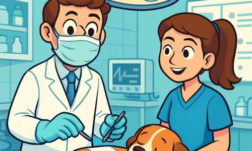 Een mannelijke dierenarts, Dr. Thomas, staat in een heldere operatiekamer met een warme glimlach en glinsterende ogen van enthousiasme. Hij draagt een onberispelijk wit schort, latex handschoenen en een chirurgisch masker, terwijl hij voorzichtig een chirurgisch instrument vasthoudt. Naast hem kijkt Lisa, een jonge vrouw van ongeveer 25 jaar, dierenartsassistente, bewonderend, met haar kastanjebruine haar in een paardenstaart en ook een blauwe schort aan. De operatiekamer is ruim en goed verlicht, met moderne apparatuur, planken vol medische benodigdheden en een groot whiteboard met aantekeningen. In het midden ligt een kleine beagle genaamd Max, slapend op de operatie tafel, met een verband om zijn buik, en lijkt vredig en veilig. Dr. Thomas en Lisa bereiden Max voor op een operatie, omringd door een sfeer van concentratie en vastberadenheid, klaar om hem weer gezond te maken.