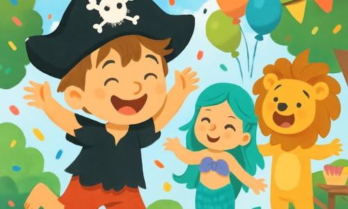 Ein 2-jähriger Junge, Max, mit zerzausten braunen Haaren und einem großen fröhlichen Lächeln, trägt ein selbstgemachtes Piratenkostüm, mit einem zerrissenen schwarzen T-Shirt und einem großen Piratenhut. Er tanzt begeistert, die Arme in die Luft gehoben, umgeben von bunten Konfetti, die vom Himmel fallen. Neben ihm steht ein 3-jähriges Mädchen, verkleidet als wunderschöne Meerjungfrau, mit langen, welligen türkisfarbenen Haaren, lächelt und tanzt, ihre schimmernden Schuppen glänzen in der Sonne. Ein 4-jähriger Junge, als Löwe verkleidet, mit einer großen goldenen Mähne, singt fröhlich, etwas im Hintergrund stehend, die Arme ausgebreitet, als lade er alle ein, sich ihm anzuschließen. Die Szene spielt in einem sonnigen Park, gefüllt mit bunten Ballons, festlichen Girlanden und Kinderlachen. Grüne Bäume umgeben den Ort, und Tische sind mit süßen Leckereien gedeckt. Max, der kleine Pirat, tanzt mit seinen Freunden, singt und lacht, während die Konfetti um sie herumfliegen und eine festliche, fröhliche Karnevalsatmosphäre schaffen.