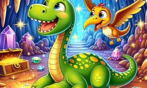 Un diplodoco di nome Dino, con un lungo collo grazioso e una pelle verde punteggiata di macchie gialle, si trova al centro dell'immagine, mostrando un grande sorriso di gioia e meraviglia. Accanto a lui, un piccolo pterodattilo di nome Ptero, con ali colorate e un becco appuntito, vola felicemente intorno a lui, mostrando il suo entusiasmo. Lo scenario è una caverna magica, piena di pietre preziose scintillanti e luci colorate che danzano sulle pareti, creando un'atmosfera incantata. Sullo sfondo, tesori brillanti sono disposti con cura, illuminando lo spazio. Dino e Ptero stanno scoprendo il tesoro nascosto della caverna, pulendo le pietre preziose e ridendo insieme, simboleggiando l'amicizia e la magia dell'avventura.