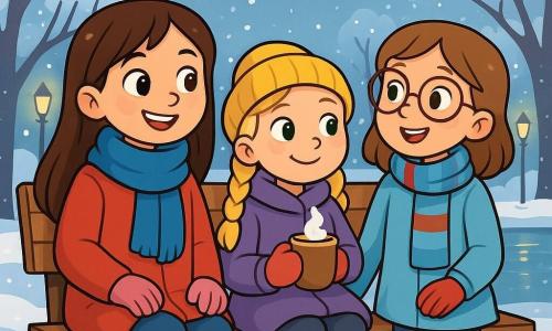 Hay 3 personajes: - Valeria: una niña de 8 años, con cabello largo castaño y ojos brillantes. Lleva un abrigo rojo, una bufanda azul y guantes rosas. Está sentada en un banco, sonriendo, mirando el lago. - Sofía: una niña de 7 años, con trenzas rubias y ojos verdes. Lleva un abrigo morado, un gorro amarillo y botas negras. Está al lado de Valeria, sosteniendo una taza de chocolate caliente. - Emma: una niña de 8 años, con cabello castaño y gafas redondas. Lleva un abrigo azul claro, una bufanda a rayas y guantes rojos. Está de pie detrás de Valeria, observando el lago con asombro. El lugar es un parque invernal mágico, con árboles desnudos cubiertos de nieve brillante. El lago está congelado, reflejando las luces doradas de las farolas que iluminan el paisaje. La nieve cruje bajo los pies de los niños, y copos de nieve caen suavemente del cielo gris. La situación principal muestra a las tres amigas sentadas juntas en el banco, compartiendo un momento cálido y alegre, rodeadas de la belleza pacífica del invierno. Las risas y sonrisas iluminan sus rostros mientras admiran los reflejos del lago, creando una atmósfera de camaradería y descubrimiento.