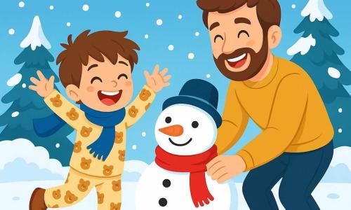 Un niño de 4 años, Lucas, con cabello castaño desordenado y una gran sonrisa alegre, lleva un pijama de pequeños ositos y una bufanda azul que ondea detrás de él. Está construyendo un muñeco de nieve, con los brazos levantados con entusiasmo, mientras caen copos de nieve a su alrededor. Junto a él, su papá, un hombre de unos treinta años con una barba suave y ojos brillantes, lo ayuda a rodar una gran bola de nieve, riendo y compartiendo un momento cómplice. El parque está cubierto con un espeso manto de nieve brillante, con árboles cuyas ramas están cargadas de nieve y un cielo azul claro salpicado de nubes blancas y esponjosas. La escena principal muestra a Lucas y su papá creando un muñeco de nieve, un momento de alegría y complicidad, rodeados de un paisaje invernal encantador, donde la magia del invierno se mezcla con el amor familiar.