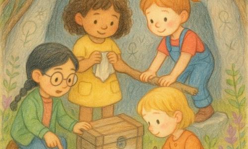 Hay cuatro niñas: Sofía, ~6 años, cabello castaño rizado, vestido amarillo con bolsillos, sostiene suavemente un pañuelo viejo y está delante de una pequeña caja de madera; Lía, ~6 años, cabello negro en trenza, gafas redondas, chaqueta verde, mira un mapa desplegado y señala una estrella violeta en el suelo a la izquierda de Sofía; Maia, ~6 años, pelirroja con el pelo recogido, peto azul, de pie sobre una piedra a la derecha de la caja, ayuda a pasar un tronco con las manos sobre la caja; Nina, ~6 años, rubia corta con un bolsillo lleno de botones, arrodillada delante de la caja escribiendo en un cuadernito. Lugar: pequeña cueva clara en un bosque, paredes de piedra gris con dibujos infantiles grabados, suelo cubierto de hojas verdes y brezos violetas, entrada con ramas y musgo, luz suave como de luna. Situación: las cuatro descubren una vieja caja de madera con cartas, fotos y botones que emite un tenue brillo plateado, ambiente de aventura cálida, sonrisas tímidas, manos que se toman, colores pastel, trazos suaves y texturas de papel y madera, composición centrada en la caja y los gestos protectores de las niñas.