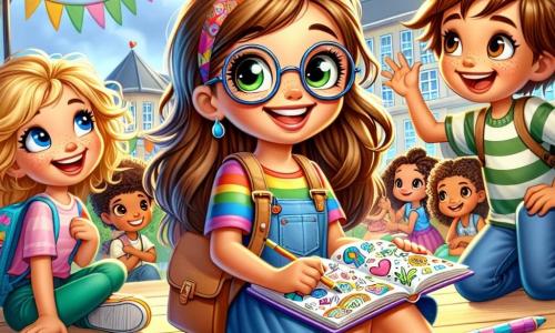 A 12-year-old girl, Eva, with long brown hair and round glasses, is sitting on wooden steps, her face lit up by a shy but radiant smile. She holds an open sketchbook filled with colorful drawings and gazes at the sky with eyes shining with excitement and apprehension. Next to her, her 10-year-old brother Ben, with messy blonde hair and a striped t-shirt, is making silly faces to make her laugh, his eyes sparkling with mischief. In the background, Maya, an 11-year-old girl with curly hair and caramel skin, watches with an encouraging smile, holding a pen and paper, ready to help. The setting is a lively schoolyard surrounded by tall trees with vibrant green leaves, with colorful decorations for the festival fluttering in the wind. The main scene shows Eva, a bit nervous but determined, taking a deep breath before sharing her creative ideas with her friends for the festival project.