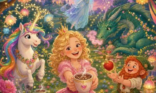 De prinses is een stralend meisje met schouderlang, krullend blond haar, een roze geplooide jurk en een gouden kroontje; ze lacht en biedt de lezer een grote dampende mok chocolademelk aan, staand in het midden van de prairie. Glim, de eenhoorn, heeft parelwit vel en een lange regenboogmanen met een fonkelende hoorn; hij staat links en laat bloemlantaarns groeien. De dwerg (jongetje) is gedrongen met rood haar en gevlochten baard, in een groene tuinbroek; hij pakt vrolijk een vliegende appel rechts van de prinses. De feeënkoningin is een slanke volwassene in een doorschijnende blauwe jurk met glinsterende vleugels; ze zweeft boven de menigte en laat lichtsterretjes vallen. De oude draak is groot en smaragdschubachtig met zachte ogen en blaast een beetje roze rook; hij krult zich op achteraan, glimlachend tussen slingers. De magische prairie is een uitgestrekt grasveld met reuzenbloemen, regenbooglinten tussen bomen, hangende bloemlantaarns en in de verte een lichtstenen kasteel; de schemerlucht toont opkomende sterren. De hoofdscène beeldt een vrolijk openluchtfeest uit: gelach, glinsterende versieringen, dampende chocolademokken, zwevende appels en dansende magische vonkjes.