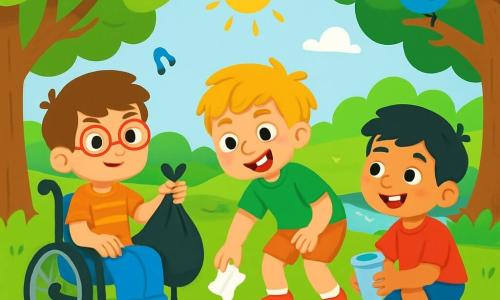 Er zijn 3 personages: - Luca: een 8-jarig jongen met bruin haar en een bril. Hij zit in een rolstoel, glimlachend en houdt een vuilniszak vast. - Sam: een 9-jarig jongen met messy blond haar en een groene t-shirt. Hij staat op en raapt enthousiast een papiertje van de grond. - Timo: een 8-jarig jongen met zwart haar en een blauwe short. Hij zit in een hurkpositie, houdt een plastic bekertje vast en kijkt met een grote glimlach naar zijn vrienden. De locatie is een groen park, vol majestueuze bomen met stralend groene bladeren. Kleurrijke bloemen bedekken de grond, terwijl vogels in de takken zingen. In de verte is er een klein meer dat onder de zon schittert. De hoofd situatie toont de drie vrienden die het park aan het schoonmaken zijn, omringd door verspreid zwerfvuil. Ze werken samen, gelukkig en gemotiveerd, om hun omgeving schoner en mooier te maken.