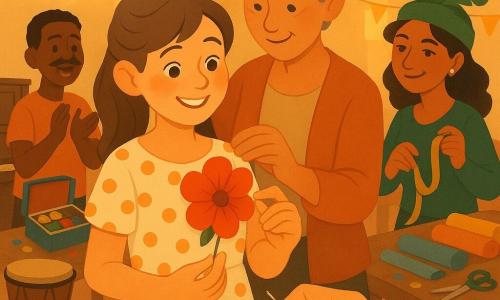 Una niña de 12 años (Lía), sonriente y aliviada, pelo castaño en coleta, sostiene delicadamente una gran flor de papel rojo que acaba de prender en su vestido de lunares con una aguja guardada en una pequeña caja de cerillas; detrás, una mujer de unos 40 años (Marta), de expresión amable y cabello gris recogido, ajusta suavemente el vestido y mira la flor con orgullo; a la derecha, una joven de unos 25 años (Dana), con aire travieso y sombrero de plumas verdes, sostiene una cinta dorada y sonríe; un chico de 14 años (Tomás), con bigotes pintados, aplaude sosteniendo una costurera abierta, cerca de un tambor en el suelo. Escenario: un salón comunitario con confeti en el suelo, guirnaldas de farolillos, un piano antiguo, mesas con telas y una luz cálida que crea sombras suaves. Acción principal: Lía acaba de encontrar la aguja y fija la flor roja en su pecho, momento de alivio y celebración, con vecinos disfrazados y música de fondo; composición centrada en Lía con primer plano ligero de la flor y la mano que sostiene la aguja.