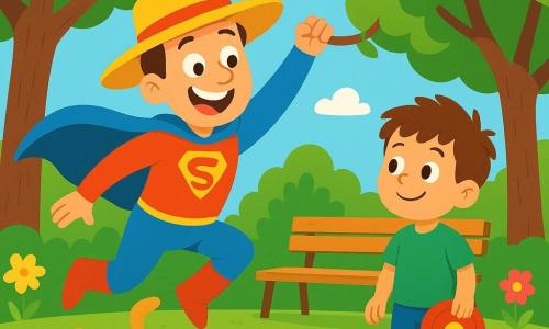 Un hombre sonriente, Super Pepo, lleva una capa azul ondeante, botas rojas brillantes y un gran sombrero amarillo. Tiene ojos chispeantes de alegría y una amplia sonrisa, mientras salta alegremente. A su lado, un niño pequeño de unos 5 años, con el cabello castaño despeinado, sostiene un frisbee y mira a Super Pepo con admiración. Lleva una camiseta verde y un pantalón corto azul. El escenario se sitúa en un parque soleado, lleno de árboles verdes, flores coloridas y un cielo azul brillante. Hay un banco de madera cercano, y un perrito de pelaje dorado juega con una pelota roja. La situación principal muestra a Super Pepo intentando recuperar la pelota del perro que rodó debajo de un banco, riendo y luchando con su capa enganchada en una rama de árbol. El niño y el perro observan la escena con expresiones divertidas.