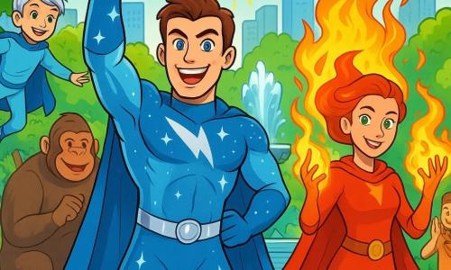 Un supereroe di nome Fulmine Azzurro, un uomo muscoloso con capelli castani e occhi azzurri, si trova al centro della scena con un ampio sorriso sicuro. Il suo costume scintillante è blu e argentato, decorato con stelle brillanti, e alza un pugno in aria, pronto ad agire con determinazione. A destra, Sentinella di Fuoco, una donna dai capelli fiammeggianti e occhi verdi, crea fiamme colorate che danzano attorno a lei, illuminando il suo viso. A sinistra, Vento d'Argento, un ragazzo di circa 12 anni con capelli argentati, fluttua leggermente in aria, sorridendo mentre manipola correnti d'aria. La scena si svolge in un parco centrale vibrante della città di Lumina, con alberi, fiori colorati e una grande fontana. Fulmine Azzurro e i suoi amici celebrano la vittoria dopo aver salvato la città da un gorilla gigante, Giga, che si diverte nel parco, circondato da cittadini meravigliati che applaudono, creando un'atmosfera festosa.