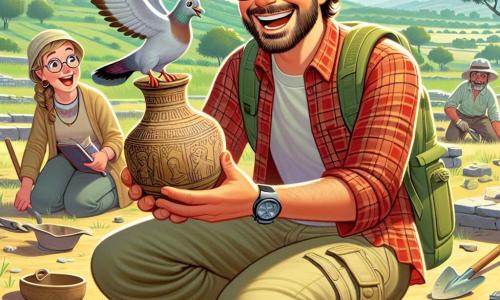 Un archeologo di nome Marco sorride con entusiasmo. Indossa un cappello beige da esploratore, una camicia a maniche lunghe a quadri rossi e pantaloni cargo. È accovacciato con un vaso di ceramica decorato tra le mani, ammirando la sua scoperta. Accanto a lui, un piccione di nome Pio, con piume grigie e bianche, cooie felice, come se incoraggiasse Marco. Sullo sfondo, altri archeologi, tra cui una donna di circa 30 anni con occhiali e una maglietta verde, scavano il terreno con pale e pennelli. La scena si svolge in un sito archeologico soleggiato, circondato da colline verdi e alberi secolari, con antiche rovine visibili in lontananza. Il suolo è disseminato di pietre e detriti, rivelando frammenti di ceramiche e strumenti antichi. Marco scopre con gioia un vaso ittita, mentre una leggera brezza scompiglia i suoi capelli e Pio lo incoraggia con entusiasmo.