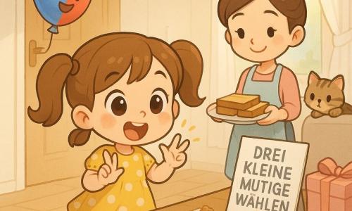 Ein fröhliches, staunendes 6-jähriges Mädchen mit hellbraunen Zöpfen, großen glänzenden Augen, rosigen Wangen und gelb gepunktetem Kleid zählt an den Fingern und macht einen kleinen Schritt vor; eine lächelnde Mutter (ca. 30 Jahre) mit Dutt und pastellfarbenem Schürzenkleid hält einen Teller mit Toasts und steht leicht zurück an einem hellen Holztisch; ein rot-blauer, lächelnder Ballon hüpft durch die Tür und landet nahe dem Mädchen; ein neugieriges getigertes Kätzchen beobachtet die Szene vom Sofa; sonnendurchflutete Küche mit durchscheinendem weißen Vorhang, auf dem Tisch eine Karte mit groß gemalter Stern-Dekoration, Kuchenkrümel und ein pastellfarbenes Geschenkpaket; Hauptsituation: Geburtstagmorgen, das Mädchen entdeckt eine Karte mit der Aufschrift „drei kleine Mutentscheidungen“, zärtliche Stimmung, warme Farben, sanfte Kontraste, Chibi-Kawaii-Stil, klare Linien, weiche Texturen und übertrieben niedliche Mimik.