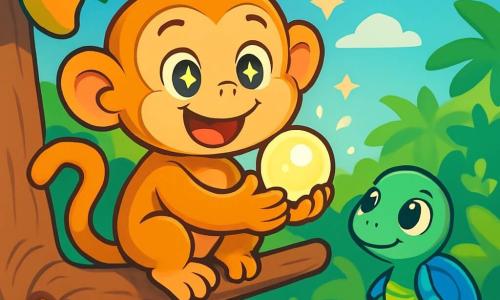 A cheerful monkey named Mango, with soft golden fur and sparkling star-like eyes, is perched on a branch of a large mango tree, smiling enthusiastically. Next to him, a small turtle named Tilly, with a bright blue shell and round eyes, looks at the monkey with admiration, sitting on a shiny rock by a colorful river. In the background, a lush jungle stretches out, filled with vibrant green leaves, bright flowers, and a clear blue sky dotted with fluffy white clouds. Mango holds a shiny stone in his hands, illuminated by the moonlight, ready to make the turtle happy by restoring its shine.